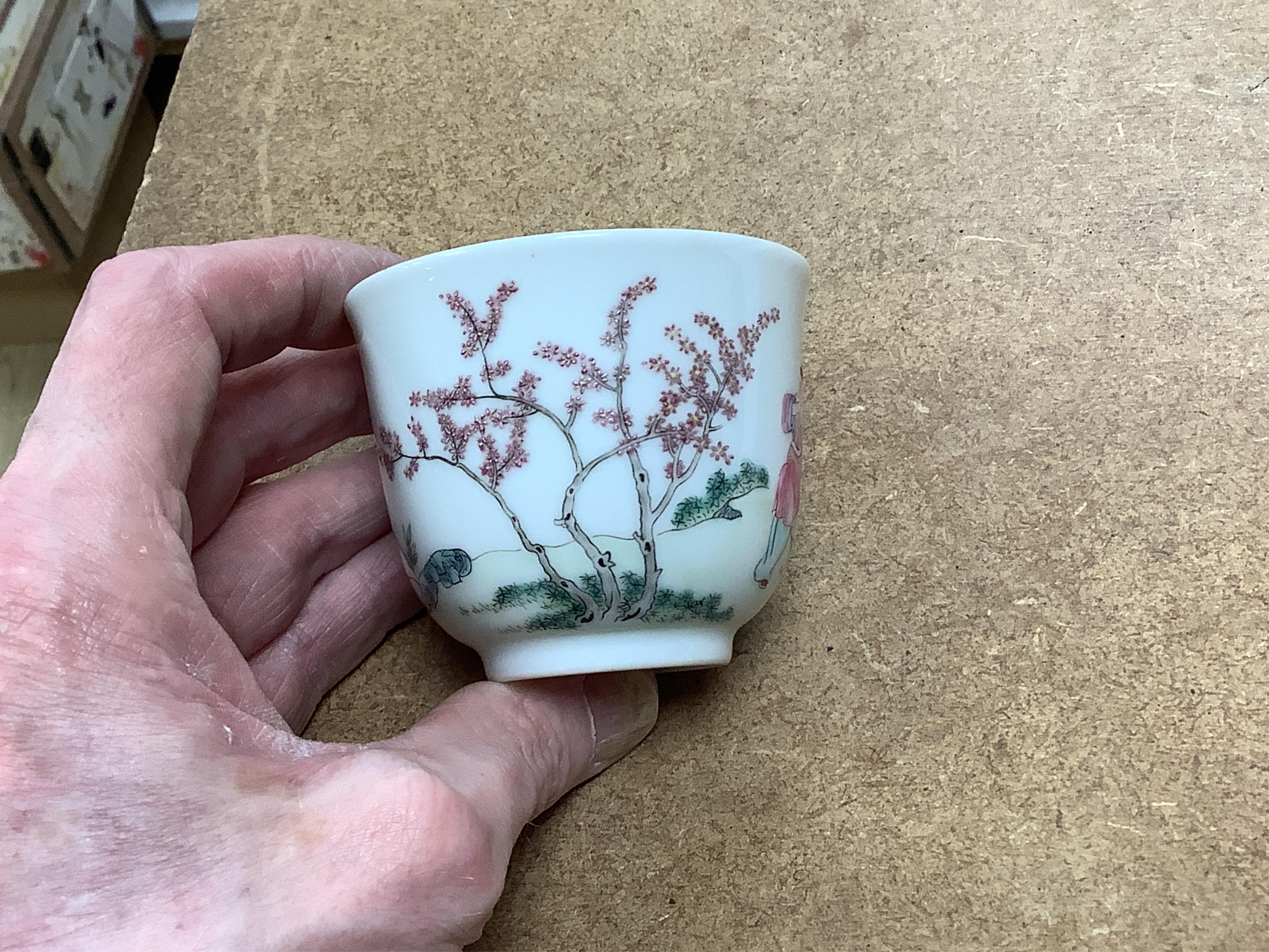 A Chinese famille rose 'boy' cup, Daoguang mark but later, 6cm